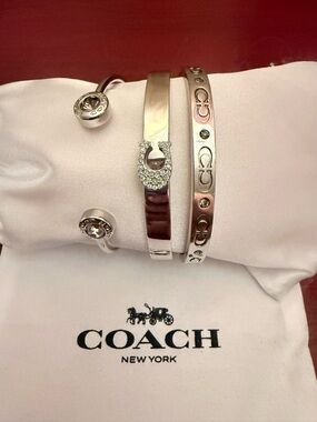 Coach Silver Crystal Horseshoe and Logo Bangle Set